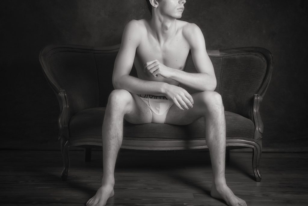 Artistic black and white gay boudoir photography Houston — male portrait by Trey Fox