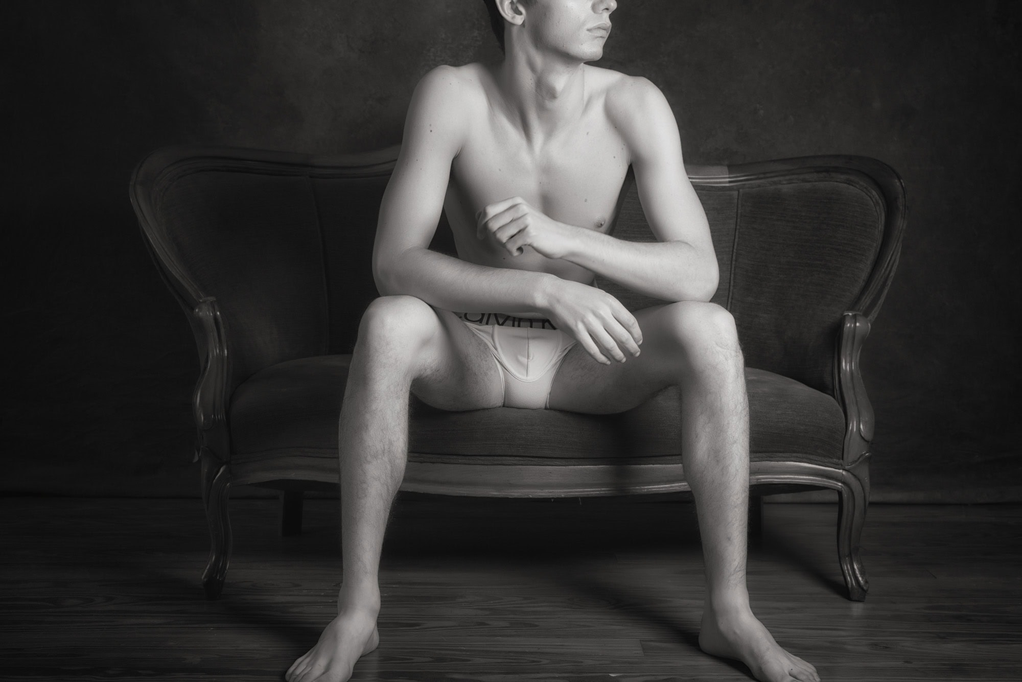 Artistic black and white gay boudoir photography Houston — male portrait by Trey Fox