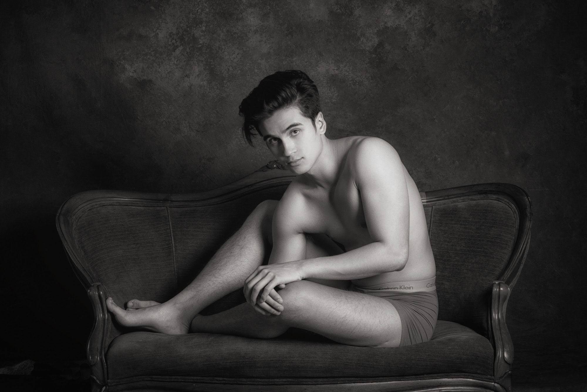 Fine art gay boudoir portrait Houston — black and white settee session by Trey Fox Photography